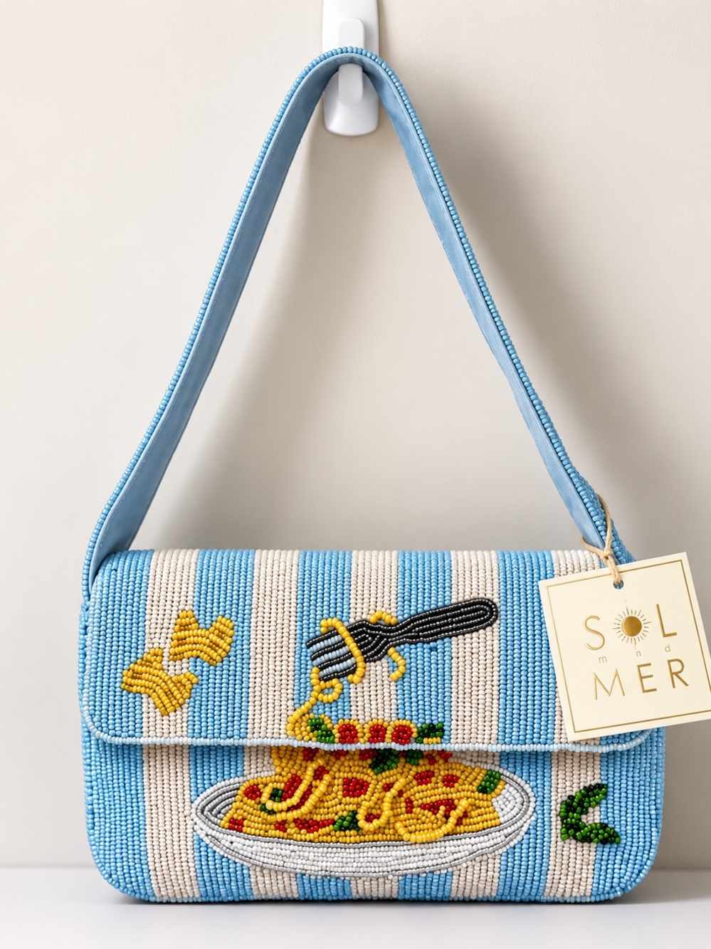 Blue Striped Beaded Pasta Shoulder Bag - Picture 1 of 5